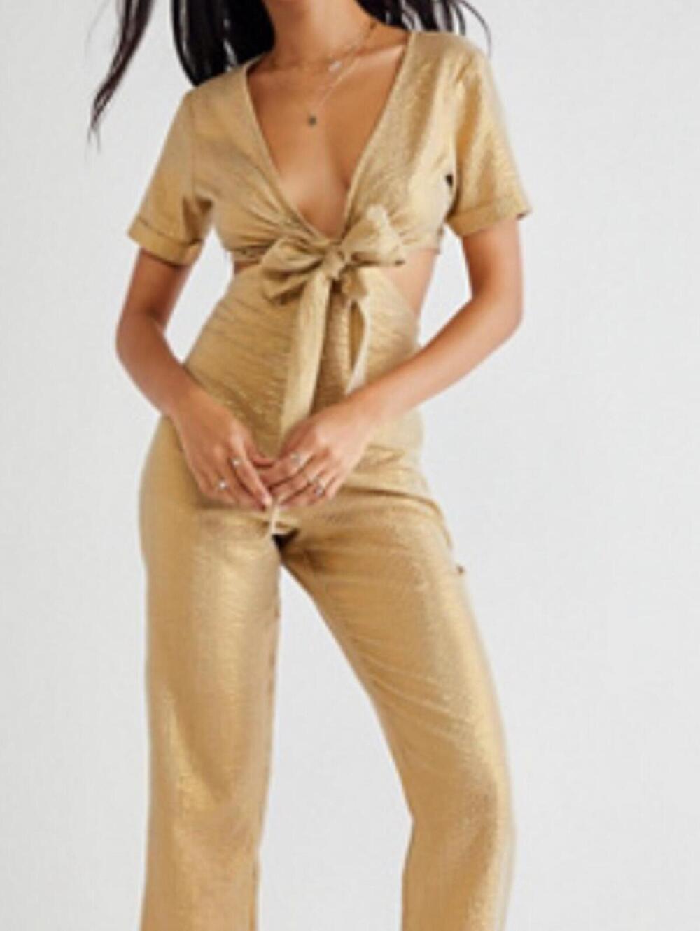 Jen's Pirate Booty Metallic Gold Tie-Front Jumpsuit